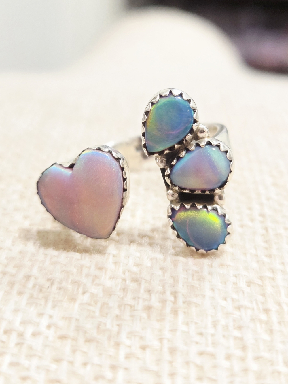 Sterling Silver Iridescent Opal Heart & Teardrop Ring - Pink Blue